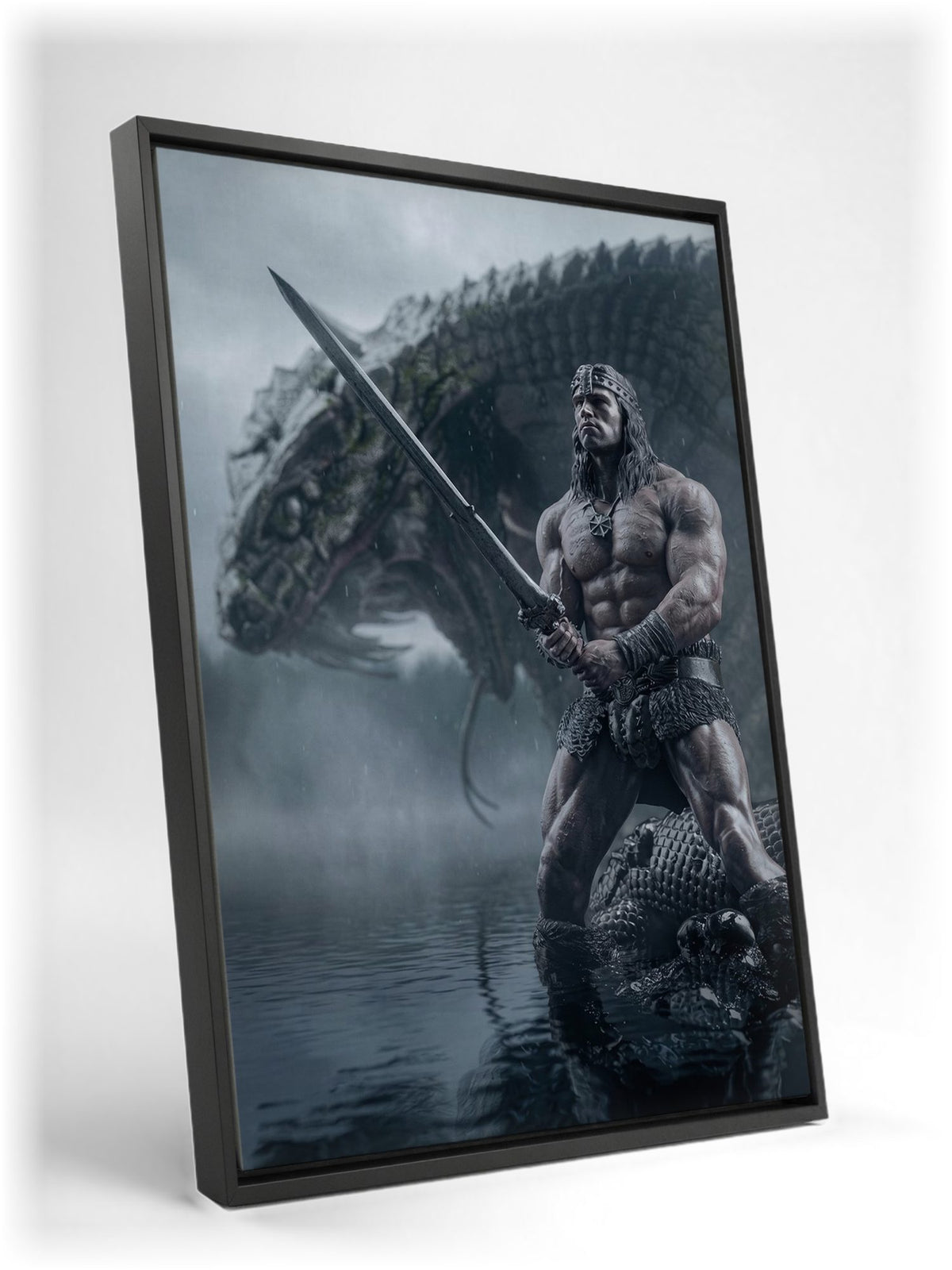 Conan the Barbarian (1982) Movie Illustrated Art as a black floater framed canvas leaning against a wall