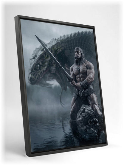Conan the Barbarian (1982) Movie Illustrated Art as a black floater framed canvas leaning against a wall