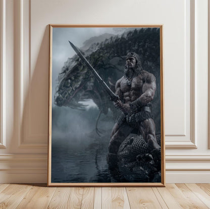Conan the Barbarian (1982) Movie Illustrated Art poster in a light oak frame leaning against a white wall