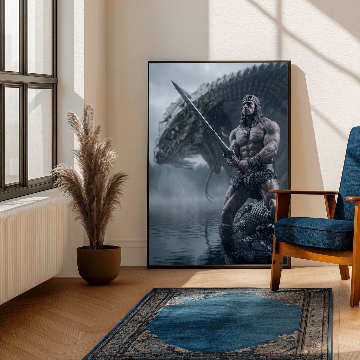Conan the Barbarian (1982) Movie Illustrated Art poster framed beside a blue armchair in a sunlit room