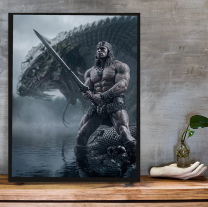 Conan the Barbarian (1982) Movie Illustrated Art poster in a black frame on a wooden shelf against concrete