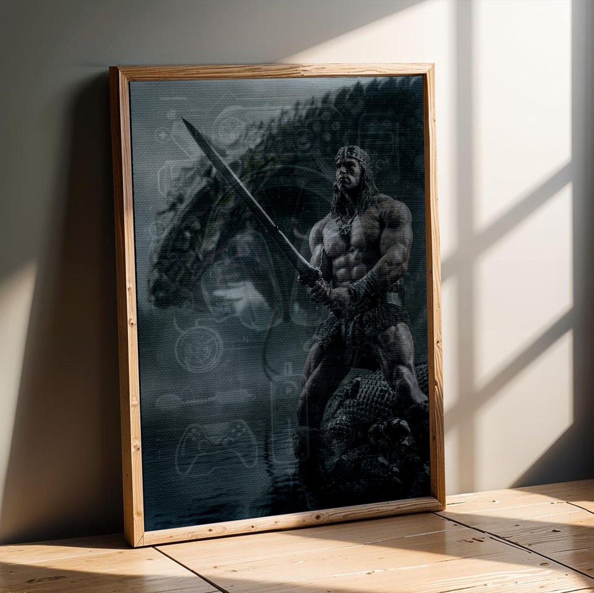 Conan the Barbarian (1982) Movie Illustrated Art poster in an oak frame leaning on a wooden floor