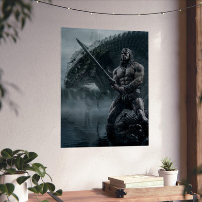 Conan the Barbarian (1982) Movie Illustrated Art poster unframed on a white wall above a desk