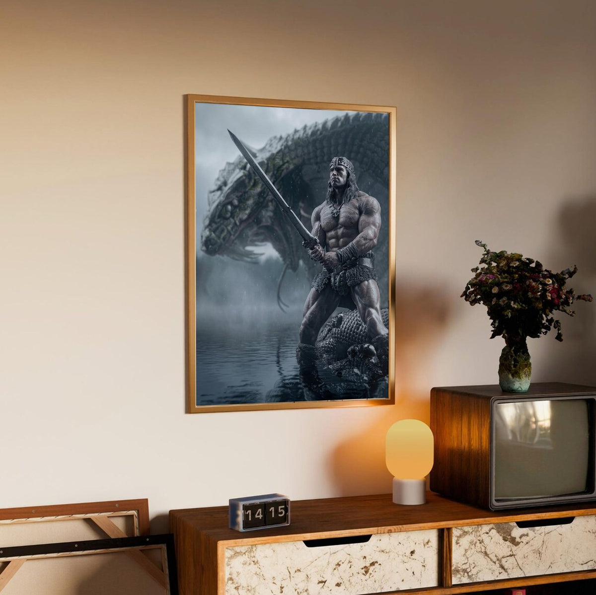 Conan the Barbarian (1982) Movie Illustrated Art poster in an oak frame above a sideboard