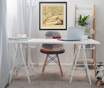 Connecticut, New York & Long Island 1777 Map print framed above a white desk in a home office