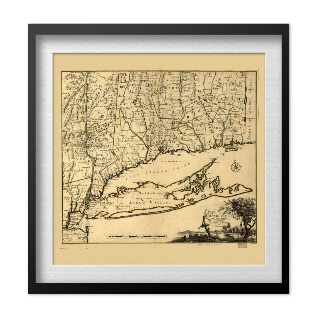 Connecticut, New York & Long Island 1777 Map print in a black frame with a white mat