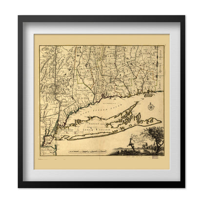 Connecticut, New York & Long Island 1777 Map print in a black frame with a white mat
