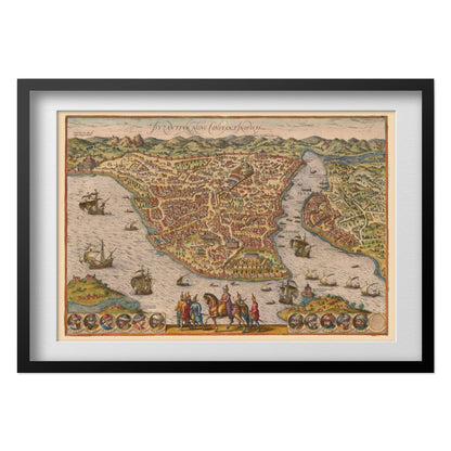 Constantinople 1576 Map print in a black frame with a white mat