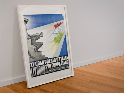 Coppa Ciano Livorno 1937 poster in a white frame leaning against a wall