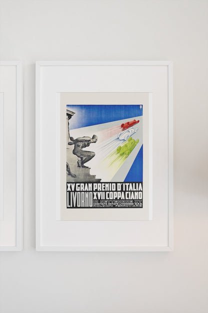 Coppa Ciano Livorno 1937 poster in a white frame on a light wall