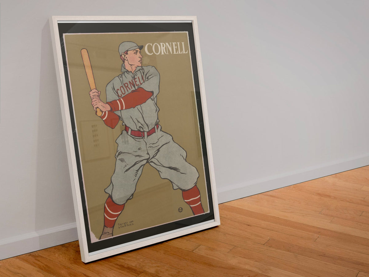 Cornell Baseball 1908 poster in a white frame leaning against a wall