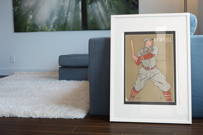 Cornell Baseball 1908 poster leaning beside a blue sofa