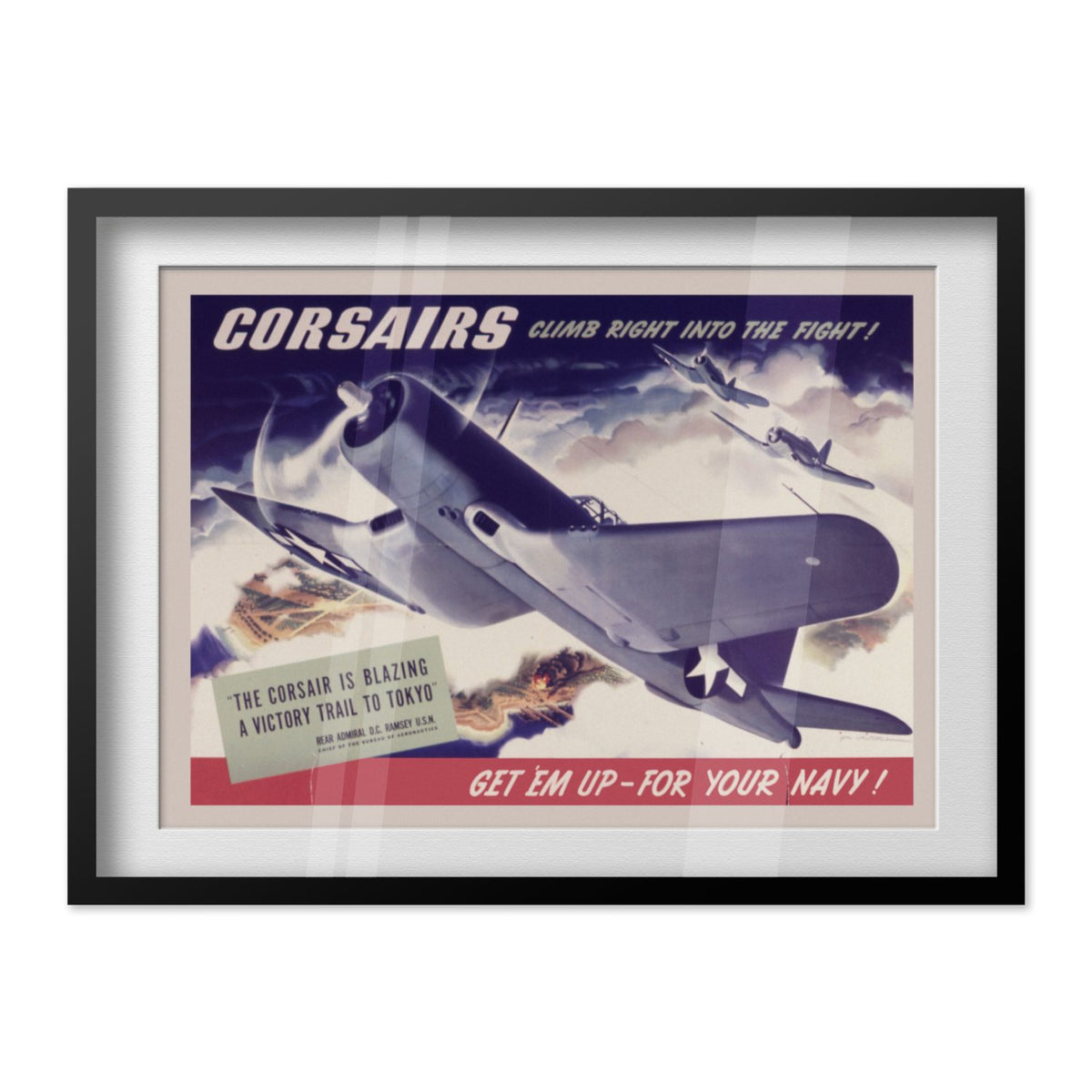 Corsairs Climb Right into the Fight poster in a black frame