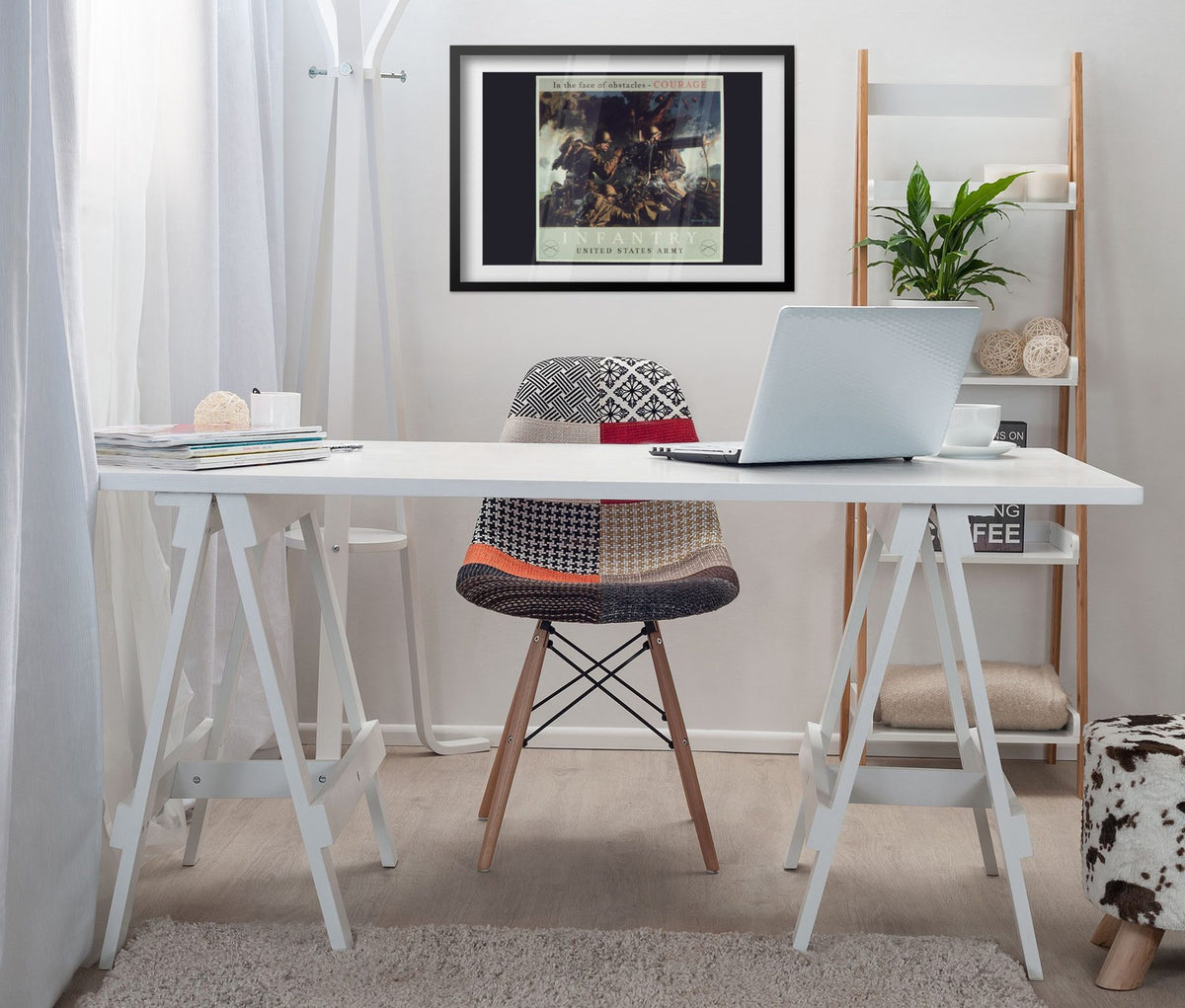 Courage Infantry United States Army poster framed above a white desk in a home office