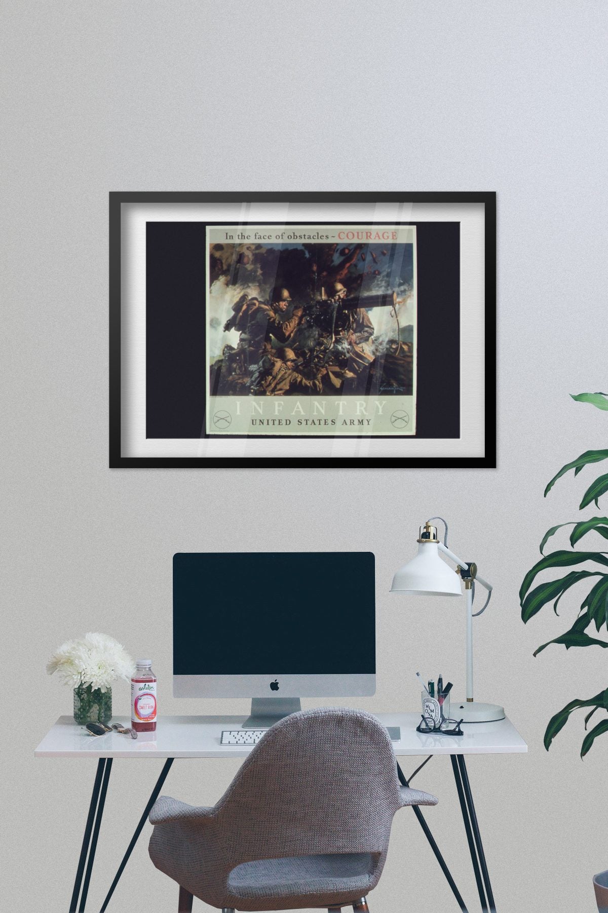 Courage Infantry United States Army poster framed on a grey wall above a desk