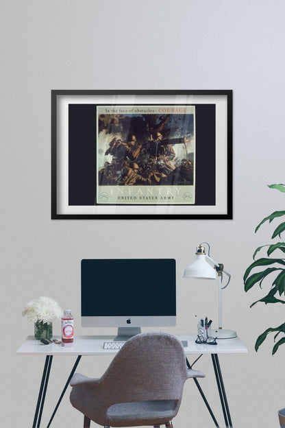 Courage Infantry United States Army poster framed on a grey wall above a desk