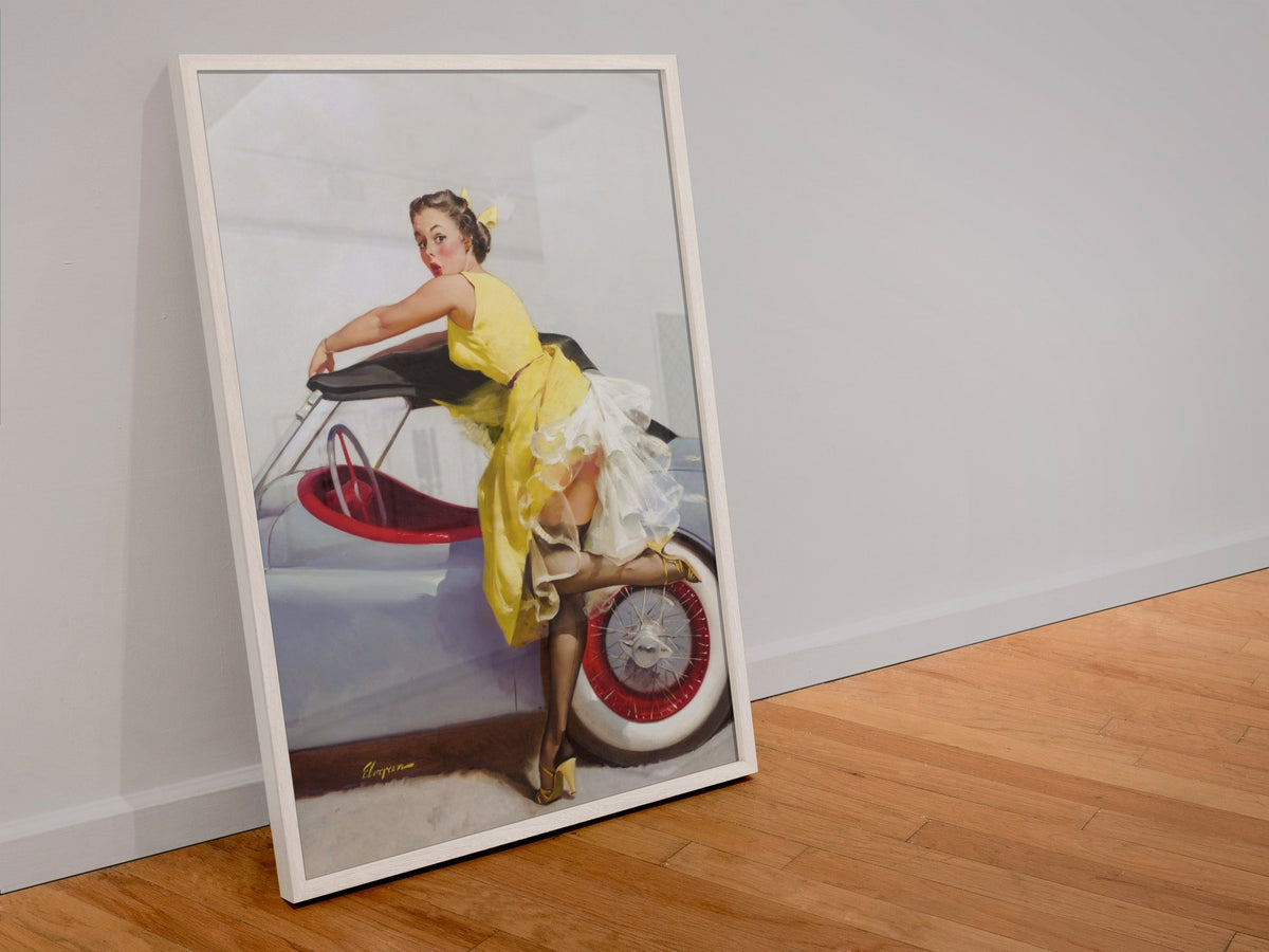 Cover Up by Gil Elvgren, pin-up poster — leaning frame