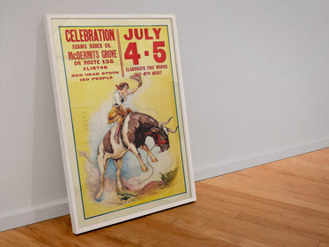 Cowgirl Rodeo Celebration July 4 5 poster in a white frame leaning against a wall