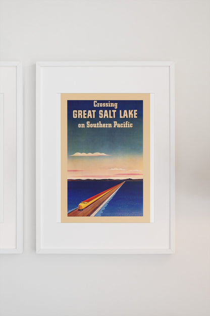 Crossing Great Salt Lake Southern Pacific poster on a light wall