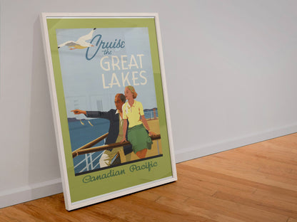 Cruise the Great Lakes Canadian Pacific poster in a white frame leaning against a wall