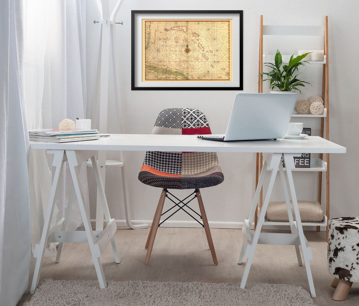Cuba & Bahamas 1650 Chart print framed above a white desk in a home office