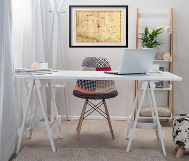 Cuba & Bahamas 1650 Chart print framed above a white desk in a home office