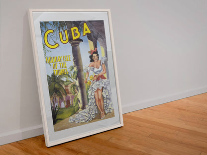 Cuba Holiday Isle of the Tropics poster in a white frame leaning against a wall