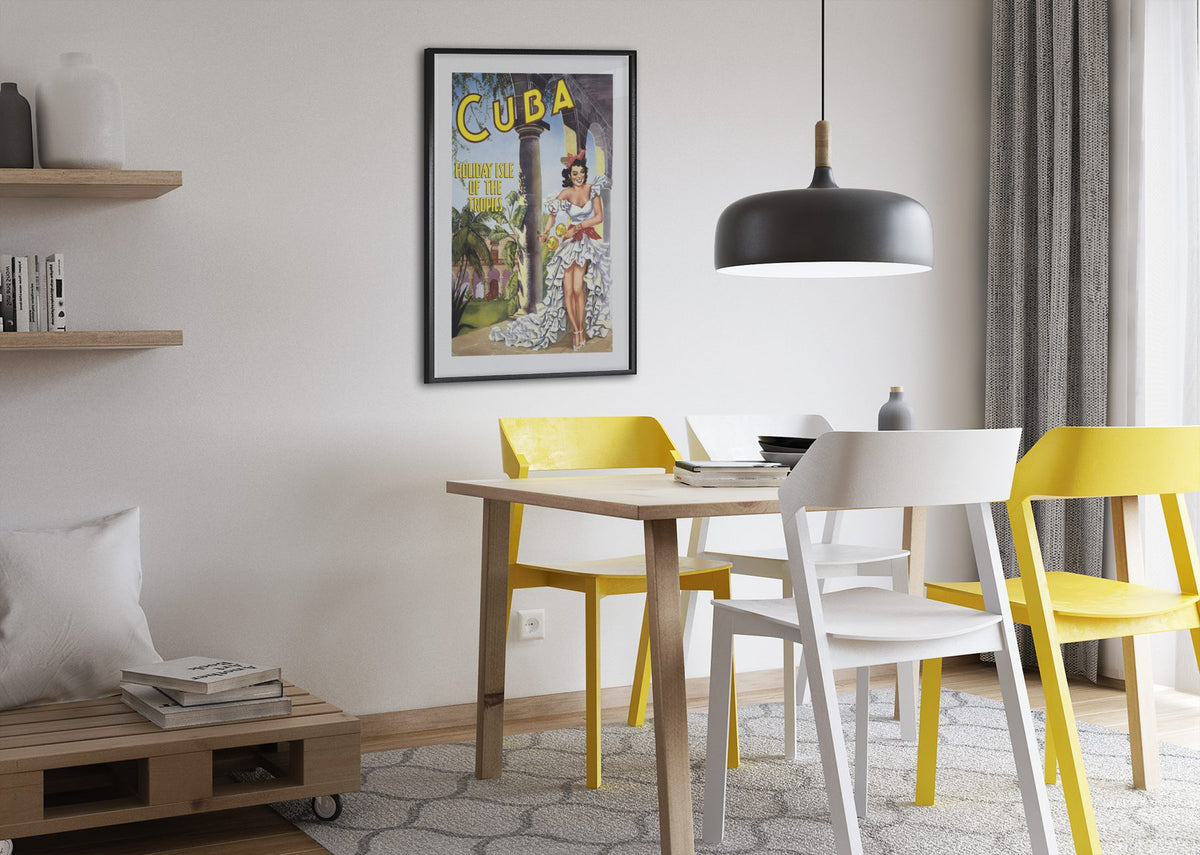 Cuba Holiday Isle of the Tropics poster framed above a dining table