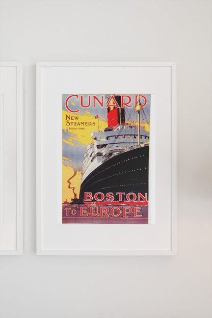 Cunard — Boston to Europe poster on a light wall