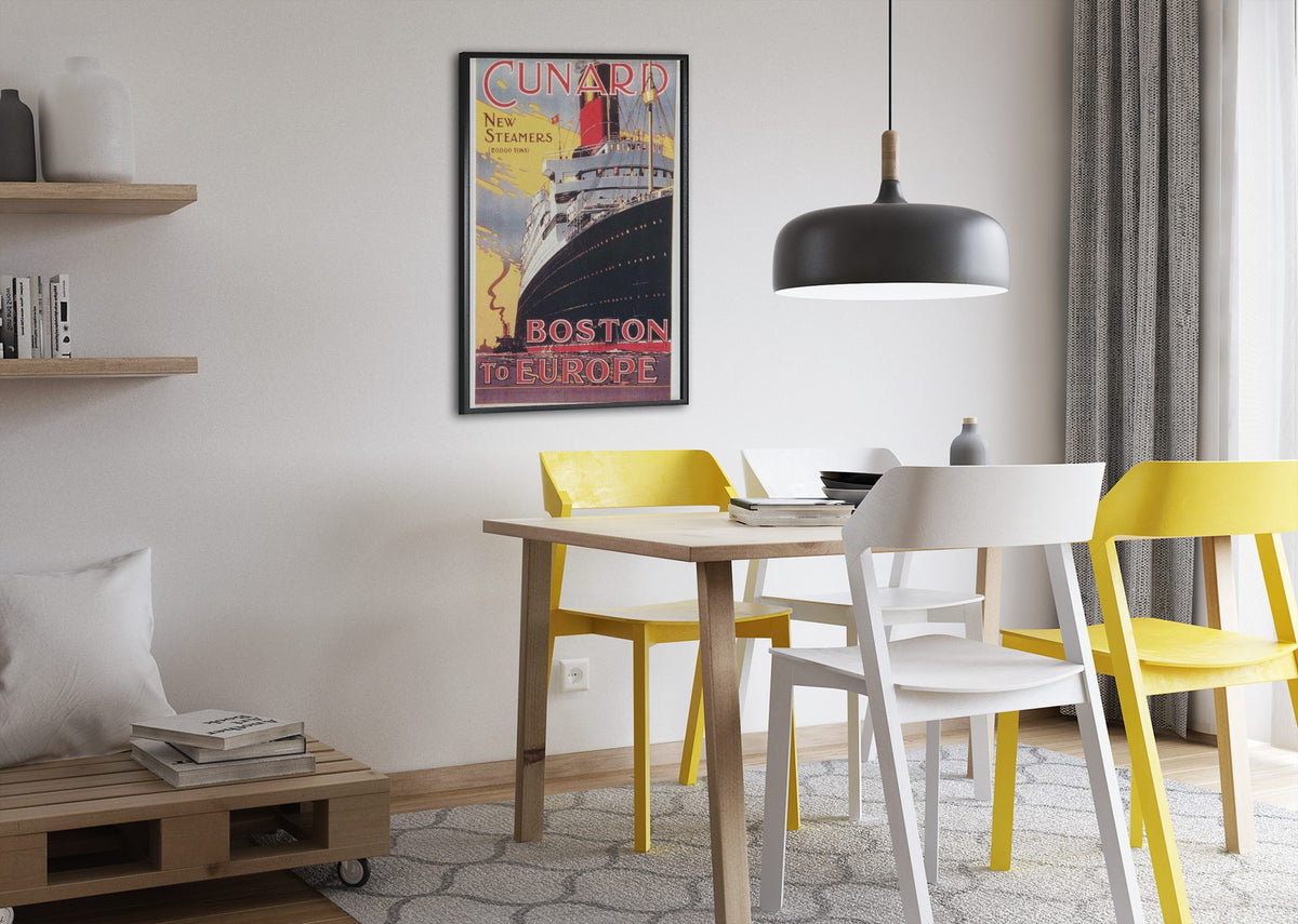 Cunard — Boston to Europe poster framed above a dining table