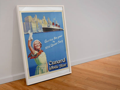 Cunard White Star America by Queen Mary poster in a white frame leaning against a wall