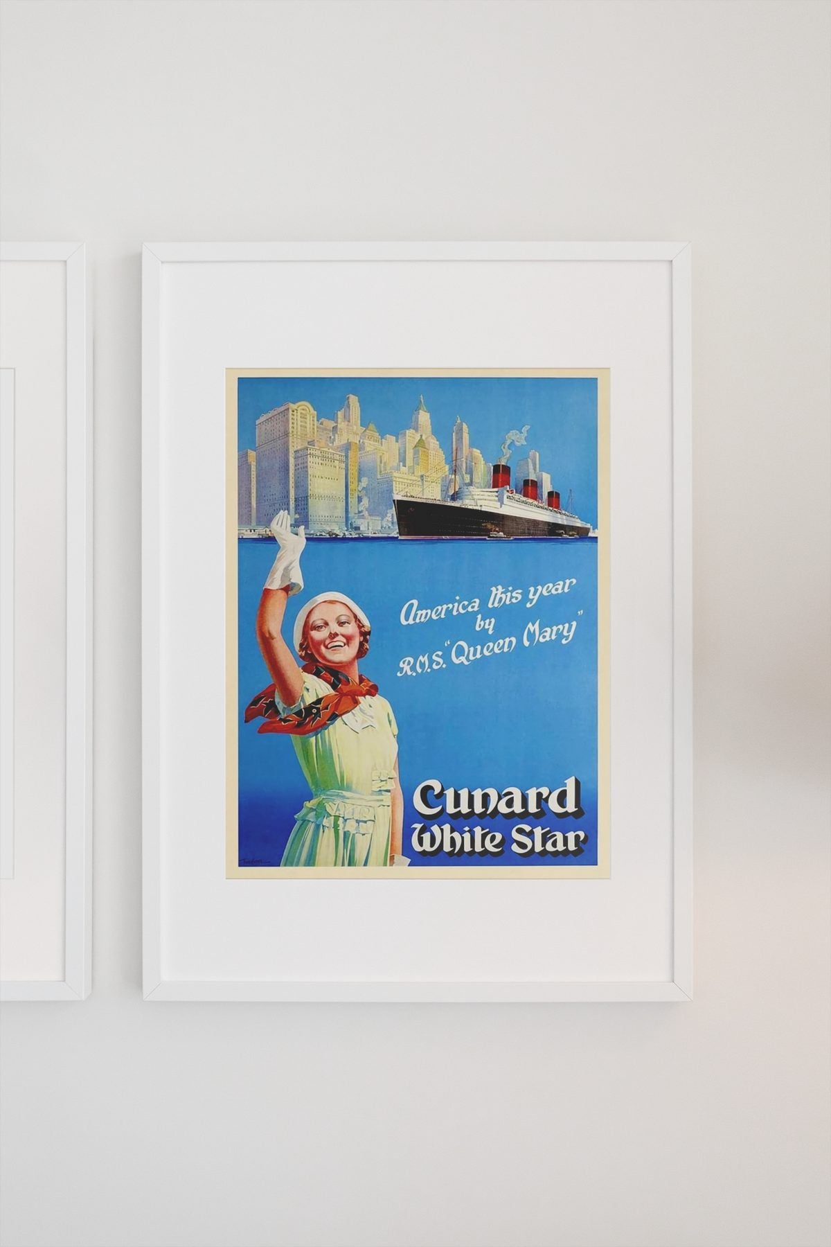 Cunard White Star America by Queen Mary poster on a light wall