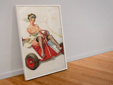 Curving Around by Gil Elvgren, pin-up poster — leaning frame
