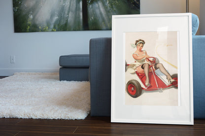 Curving Around by Gil Elvgren, pin-up poster — living room wall