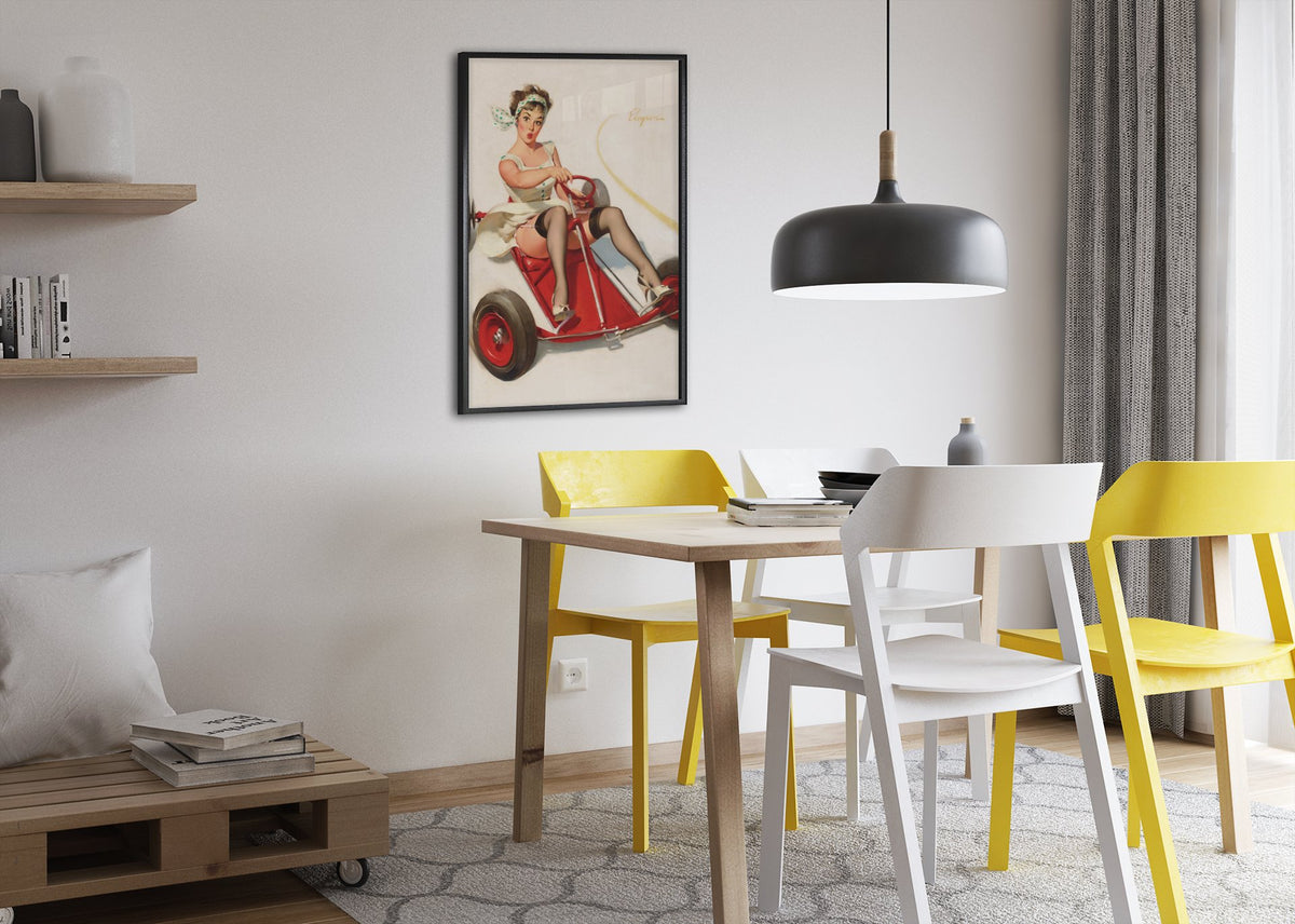 Curving Around by Gil Elvgren, pin-up poster — dining room