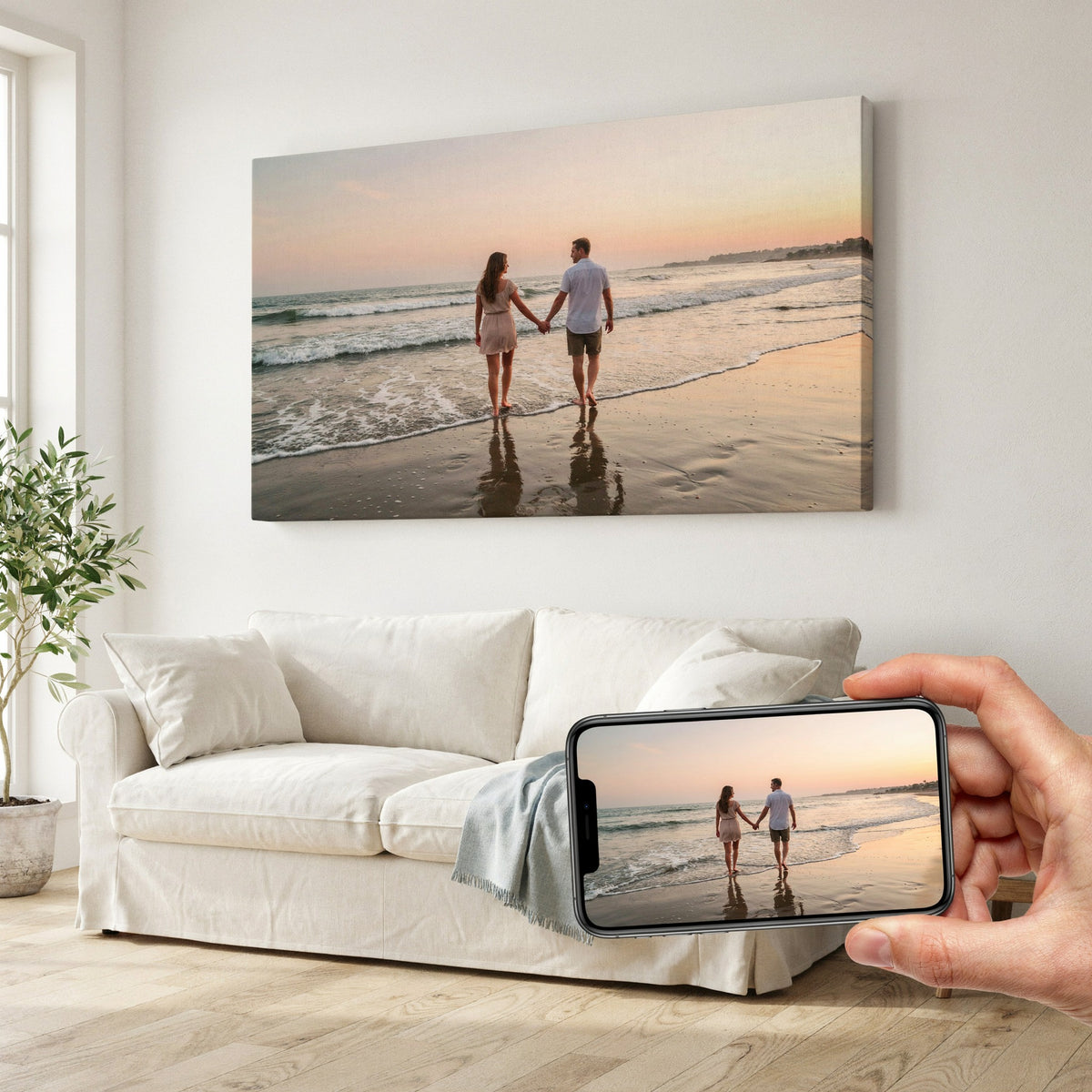 Example: a beach sunset photo on a phone, printed as a horizontal gallery-wrapped canvas above a sofa