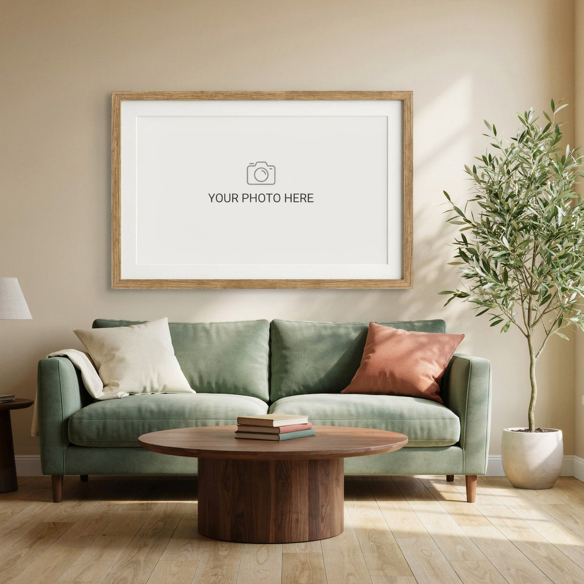Custom photo print, horizontal: oak frame with a Your Photo Here placeholder above a green sofa