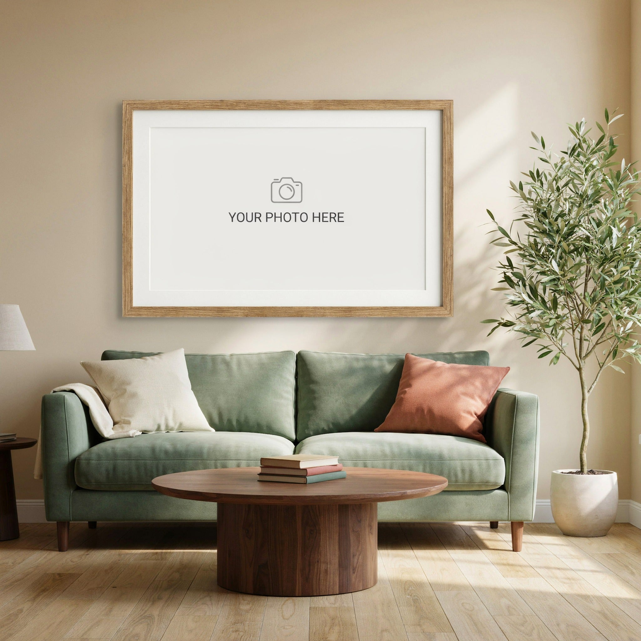 Custom photo print, horizontal: oak frame with a Your Photo Here placeholder above a green sofa