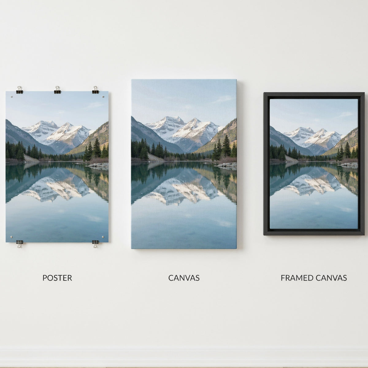 The same photo as a poster, a canvas and a framed canvas, side by side
