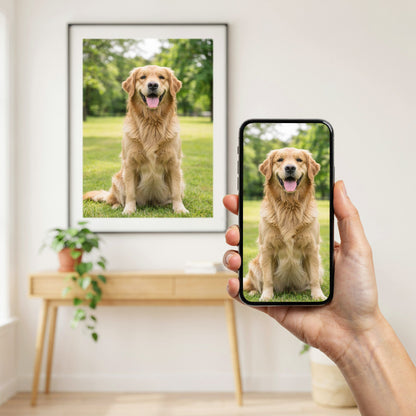 Example: a golden retriever photo on a phone, printed as a vertical framed print hanging on the wall behind it