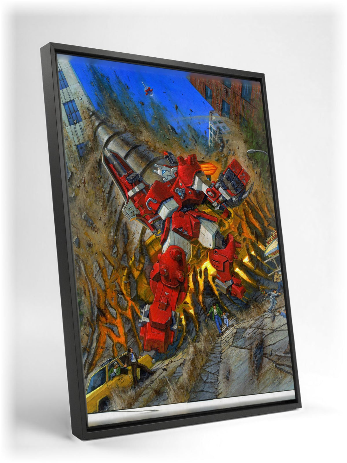 Cyberbots: Fullmetal Madness Cover Art as a black floater framed canvas leaning against a wall