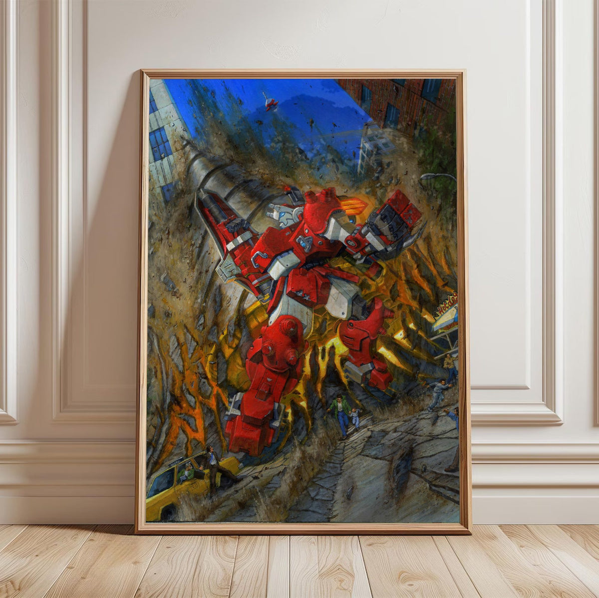 Cyberbots: Fullmetal Madness Cover Art poster in a light oak frame leaning against a white wall