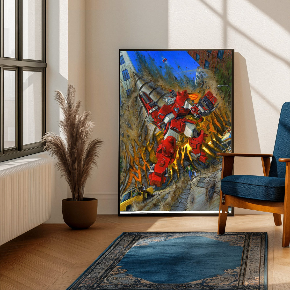 Cyberbots: Fullmetal Madness Cover Art poster framed beside a blue armchair in a sunlit room