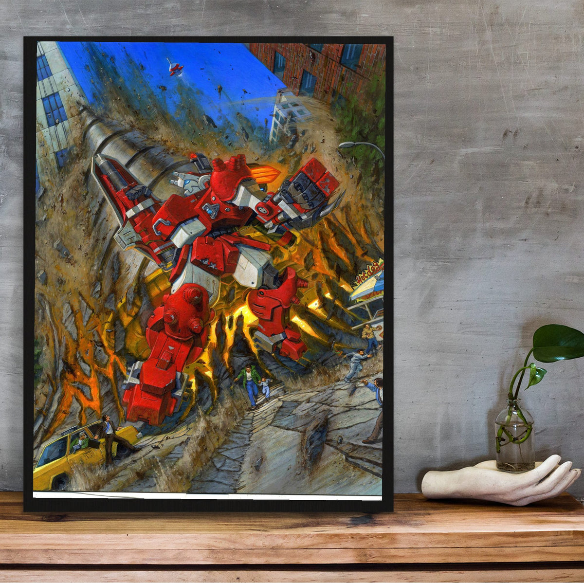 Cyberbots: Fullmetal Madness Cover Art poster in a black frame on a wooden shelf against concrete