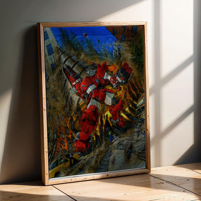Cyberbots: Fullmetal Madness Cover Art poster in an oak frame leaning on a wooden floor