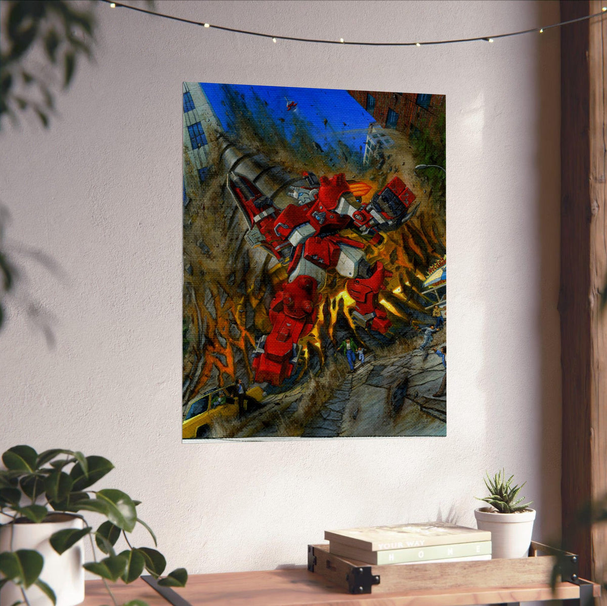 Cyberbots: Fullmetal Madness Cover Art poster unframed on a white wall above a desk