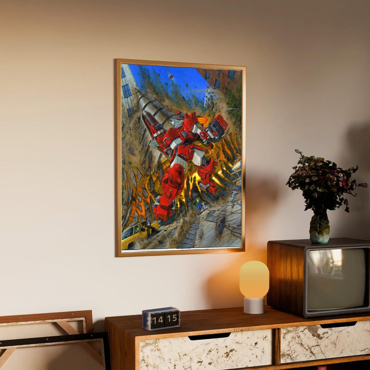 Cyberbots: Fullmetal Madness Cover Art poster in an oak frame above a sideboard