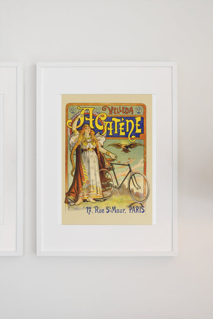 Cycles Acatène Paris bicycle poster in a white frame on a light wall