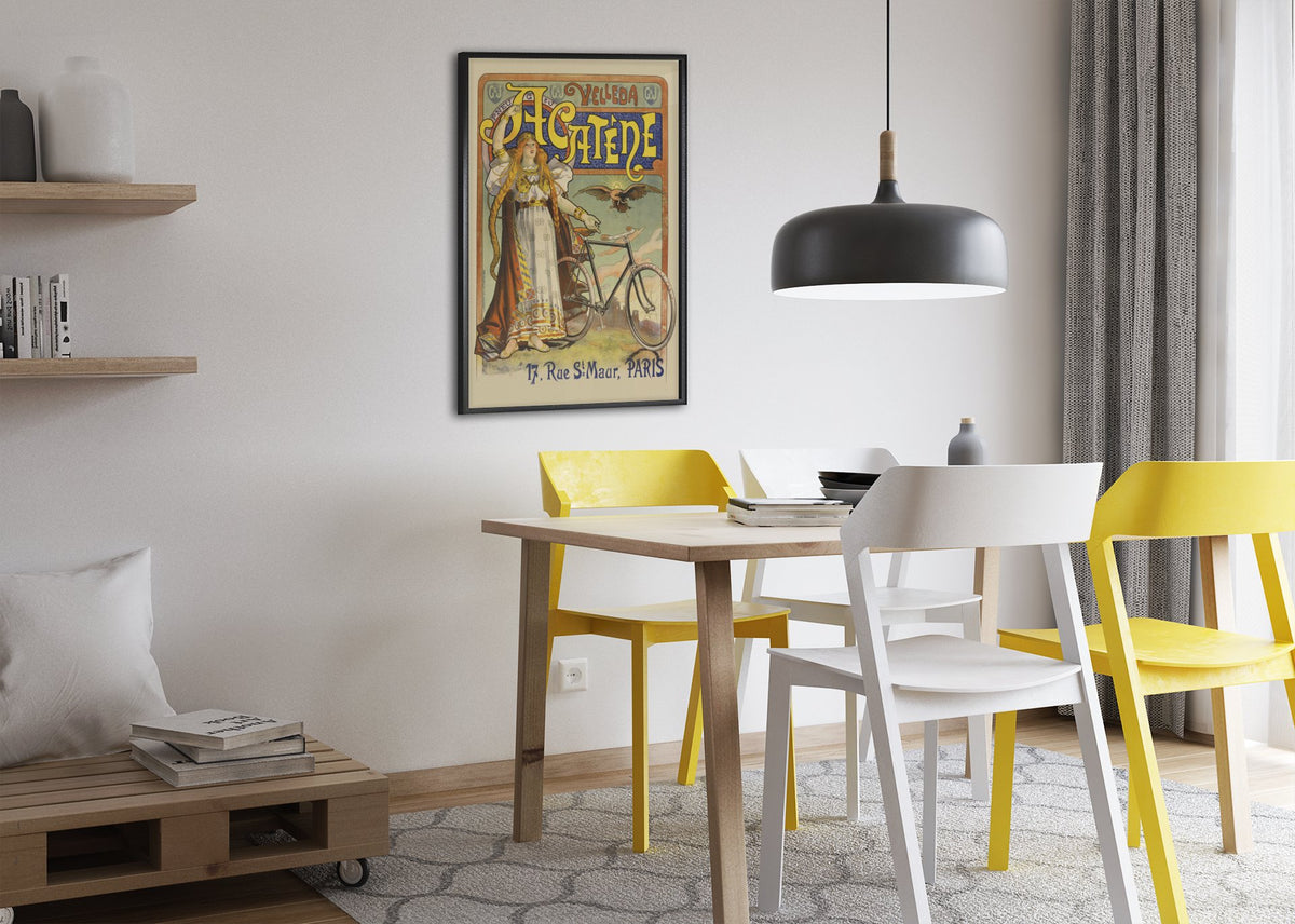 Cycles Acatène Paris bicycle poster framed above a dining table