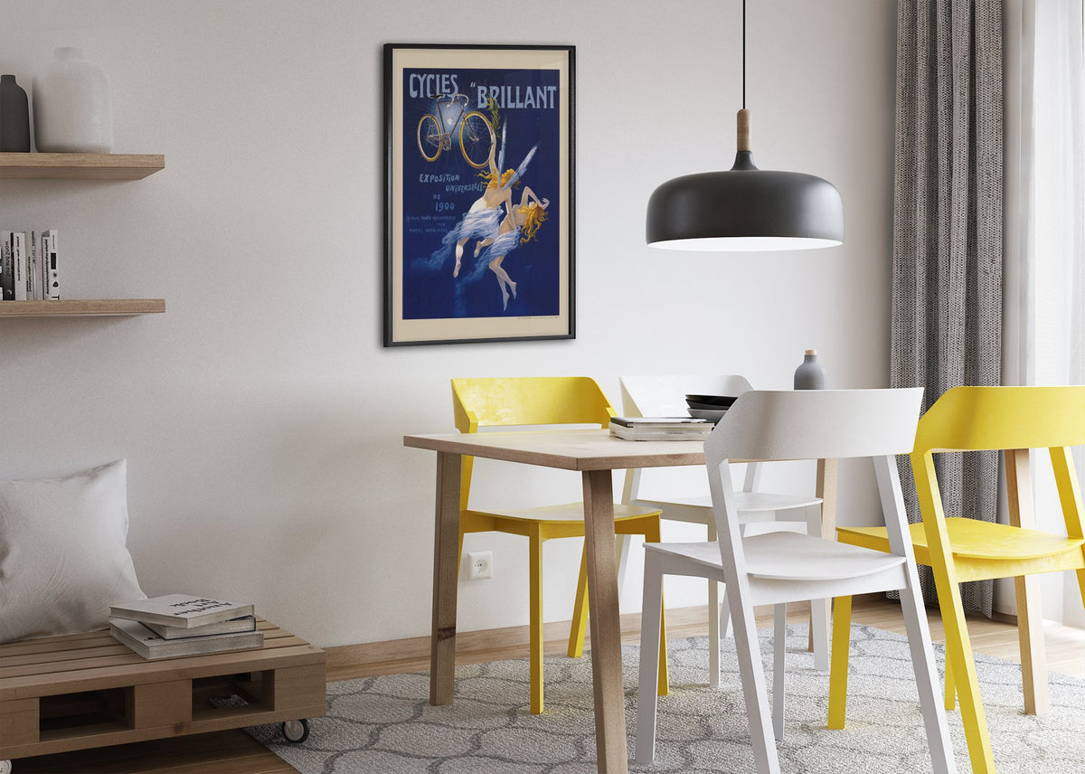 Cycles Brillant 1900 bicycle poster framed above a dining table